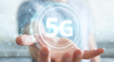 Businessman using 5G network interface 3D rendering