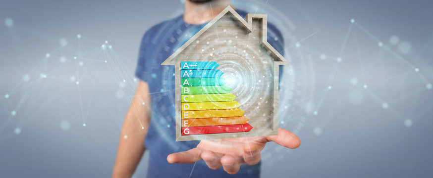 Businessman using 3D rendering energy rating chart in a wooden house
