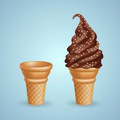 Set of realistic ice cream cones on blue background. Vector Illustration