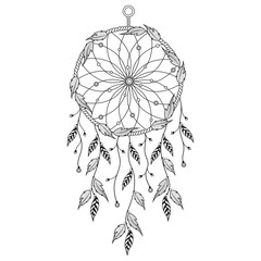 Boho style hand drawn Dream Catcher with ethnic floral pattern, arrow and feathers.