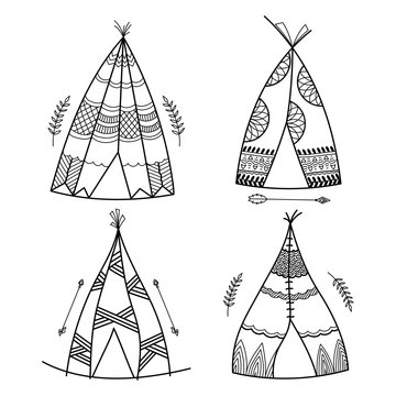 Boho style, Hand drawn Teepee or Wigwam with tribal pattern on ethnic arrow.