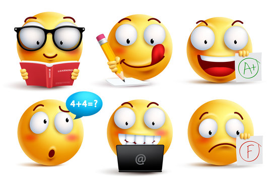 Smiley face vector set for back to school with facial expressions and student school activities isolated in white background. Yellow emoticons vector illustration.
