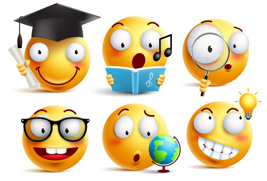 Smiley face student vector emoticons set with facial expressions and studying school activities isolated in white background. Back to school vector icons.
