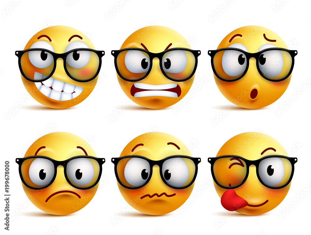 Poster smileys vector set of yellow nerd emoticons with eyeglasses and funny facial expressions isolated in