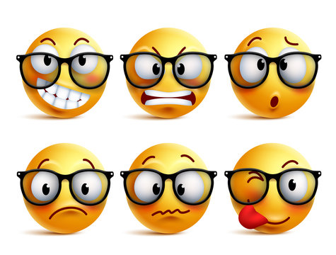 Smileys vector set of yellow nerd emoticons with eyeglasses and funny facial expressions isolated in white background. Smiley face vector icons.
