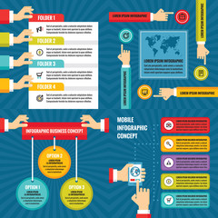 Business infographic templates concept vector illustration. Abstract banner set. Advertising promotion layout collection for presentation. Human hands. Graphic design elements. 
