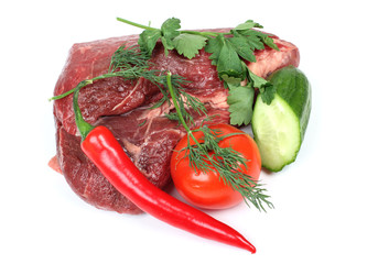 Fresh raw meat  and pepper on white background