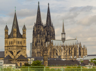 A panoramic view of the Cathedral and the Great Saint Martin Church in Cologne Germany