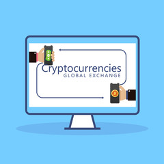 Cryptocurriencies, global exchange concept, digital curriencies conversion to money.