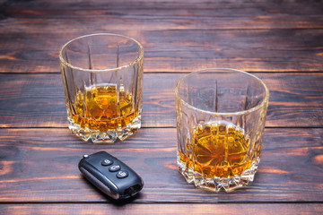 Glass and car keys. Drunk driving. Drink. 