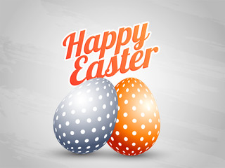 Colorful painted eggs on grey background. Happy Easter Background.