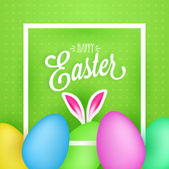 Happy Easter concept with colorful eggs, bunny ears on green background.