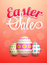 Colorful painted eggs on pink background. Easter Sale Concept.
