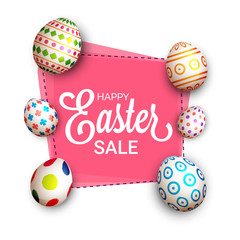Easter Sale concept with painted eggs on pink background.