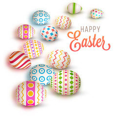 Colorful painted eggs on white background. Happy Easter Concept.
