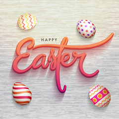 Stylish text Happy Easter with painted eggs on grey background.