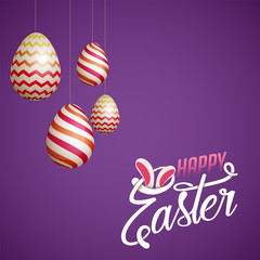 Happy Easter Concept with Hanging Eggs on purple background.