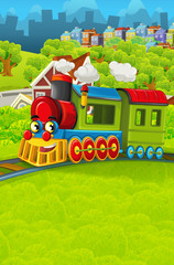 cartoon funny looking steam train going through the city - illustration for children