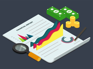 Business Infographics Financial Report Concept, with Isometrics Graphs, Currencies and Reports.