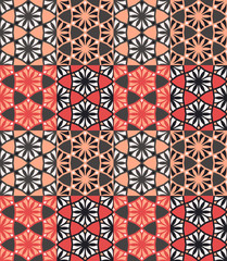 Seamless pattern tiled ornament. Floral textile print. Islamic vector design. Oriental background with abstract flowers. Hexagonal patchwork swatch. Stained glass vitrage.