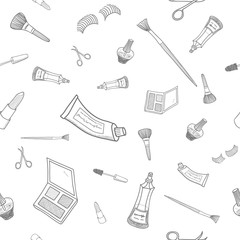 Seamless doodle pattern of different make-up tools. Thin line style. Vector illustration of lipsticks, mirror, nail polish, parfume, brushes, eyeshadow. Hand drawn cosmetics icons.