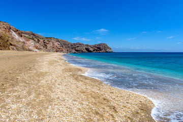 View of Paleochori beach located on the south coast of Milos. Cyclades, Greece.