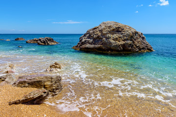 View of amazing rocks on Paleochori beach on Milos. Cyclades, Greece.