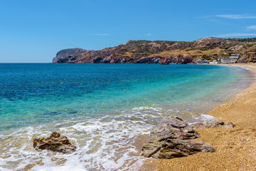 Fototapeta na wymiar View of Paleochori beach located on the south coast of Milos. Cyclades, Greece.