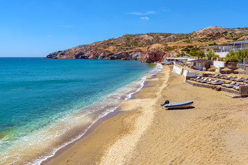 View of beautiful Paleochori beach located on the south coast of Milos. Cyclades, Greece.