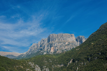 Panoramic view of Tymfi Mountain and Vikos gorge. Zagoria area, Epirus region, northwestern Greece