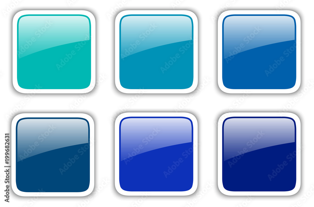 Poster shiny buttons set, blue square vector badges.
