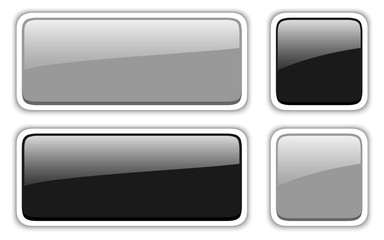 Shiny buttons set, black and grey vector badges.