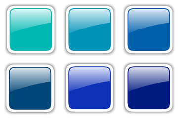 Shiny buttons set, blue square vector badges.