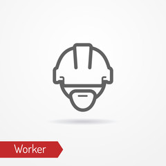 Typical simplistic worker face in professional helmet. Warehouse worker or builder head isolated icon in line style with shadow. Profession and industrial vector stock image.