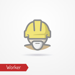 Typical simplistic worker face in professional helmet. Warehouse worker or builder head isolated icon in flat style with shadow. Profession and industrial vector stock image.