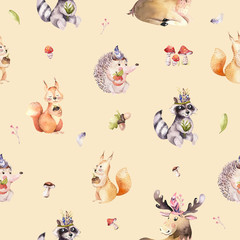 Watercolor seamless pattern of cute baby cartoon hedgehog, squirrel and moose animal for nursary, woodland forest illustration for children. Forest backgraund
