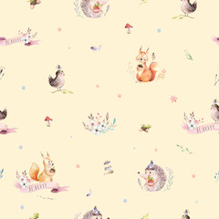 Watercolor seamless pattern of cute baby cartoon hedgehog, squirrel and moose animal for nursary, woodland forest illustration for children. Forest backgraund