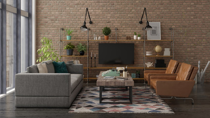 Loft style interior design 3D rendering