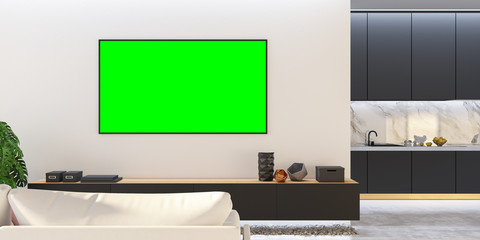 Black white living room TV mock up with sofa, kitchen, console.