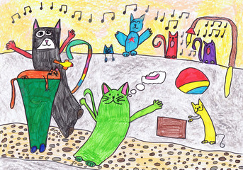Color cats have fun in the yard. Children's drawing