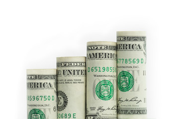 Growing bar graph from US dollar banknotes, stacked
