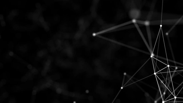 Element of the cluster. Depth of field. Pleasantly moving in space elements of graphic design. Plexus cinematic business background. Place for text. Black background. Seamless loop.