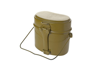 army metal cooking pot on a white background