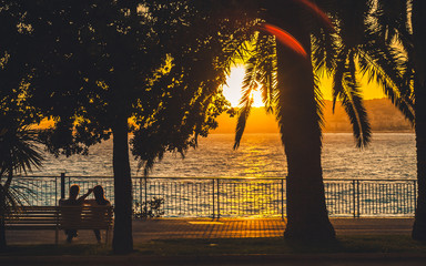 Romantic scene of couple sitting on bench, looking at beautiful sunset at seaside framed with silhouettes of palm trees