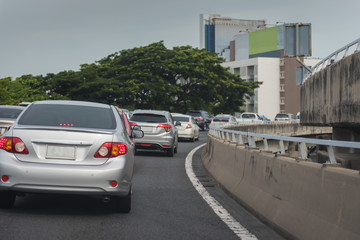 traffic jam with row of cars on toll way