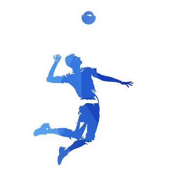 Volleyball player serving ball, abstract blue geometric vector silhouette