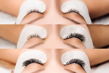 Eyelash Extension Procedure. Woman Eye with Long Eyelashes. Close up, selective focus. - 199687621