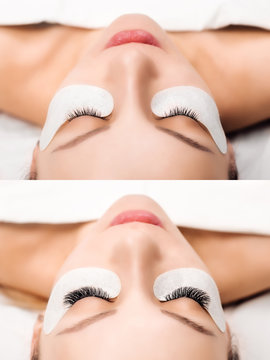 Eyelash Extension Procedure. Woman Eye with Long Eyelashes. Close up, selective focus.