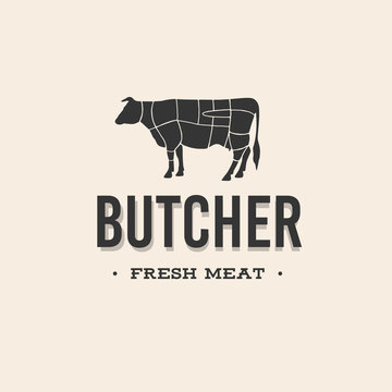 Butcher shop logo. Butchery label with sample text. Scheme and the silhouette of a cow.