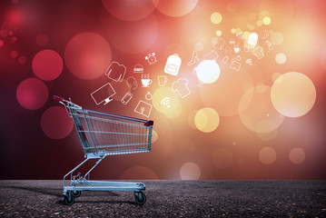 Shopping cart trolley supermarket on abstract bokeh  background. Concept of Black Friday sale.
